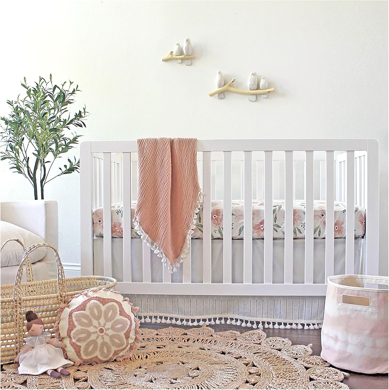 Crane Baby Floral Crib Sheets, 100% Cotton, Breathable Baby Bedding for Standard Mattress, Pink