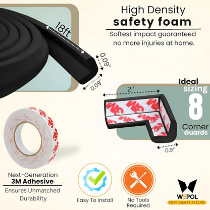 Table Edge Protector for Baby Proofing (18ft Edge+8 Corners) Baby Proof Corners and Edges Guard, Soft NBR Rubber Foam 3M Adhesive, Furniture Corner & Edge Safety Bumpers for Table & Fireplace-Black