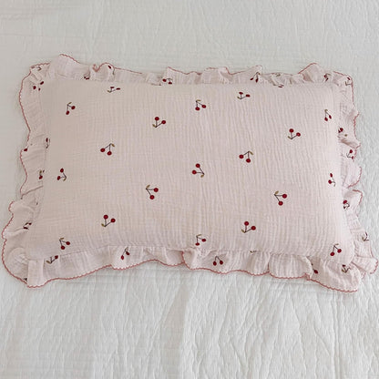 BuLuTu Cotton Muslin Kids Toddler Pillowcase Cherry Pattern, Soft Travel Pillow Ruffle Edge Nursery Pillow Case for Boys Girls, Bedding Decor, Durable Pillowcases 14"x20", 1 Piece