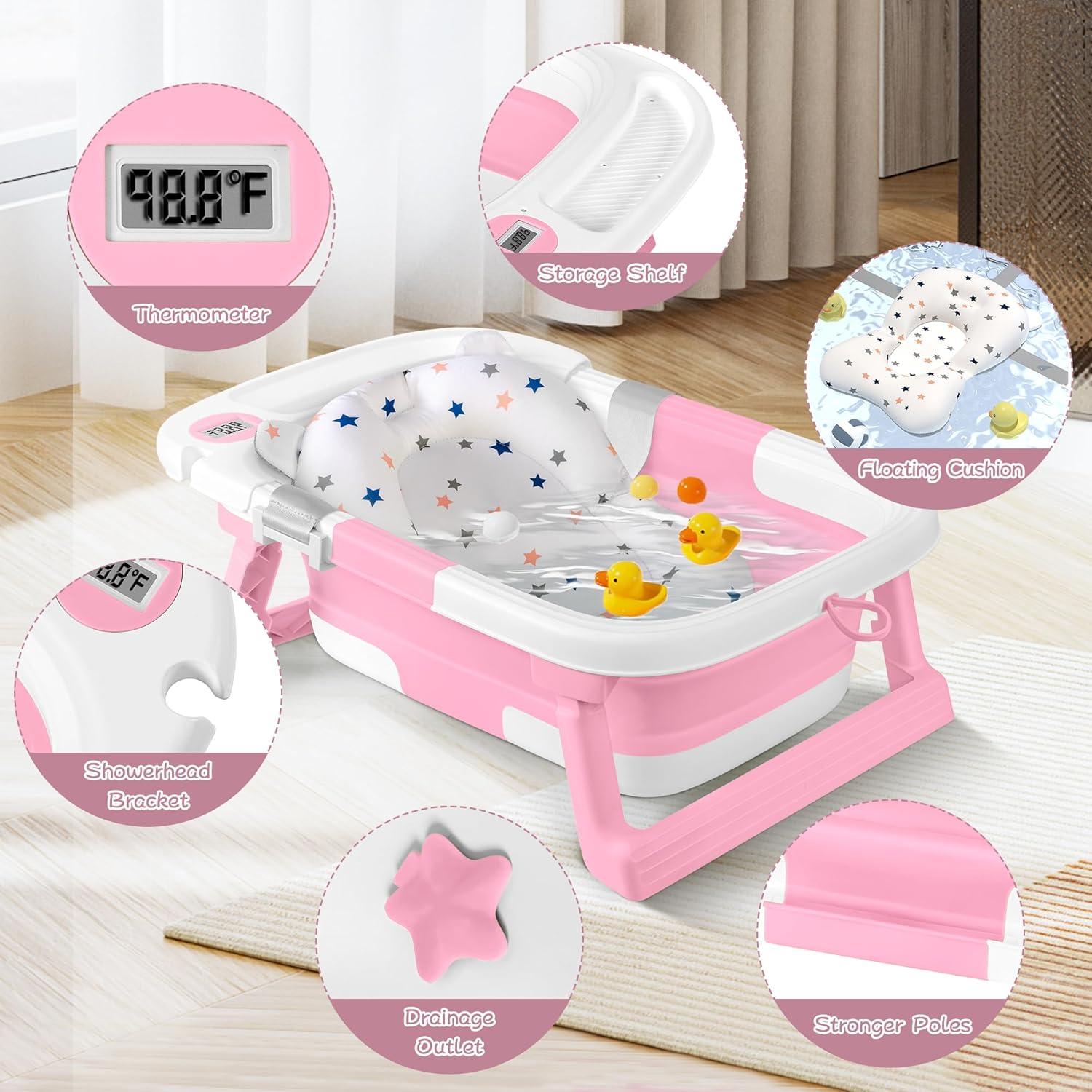Collapsible Baby Bathtub,Baby Bath Tub with Thermometer & Soft Cushion,Baby Bathtub for Newborn to