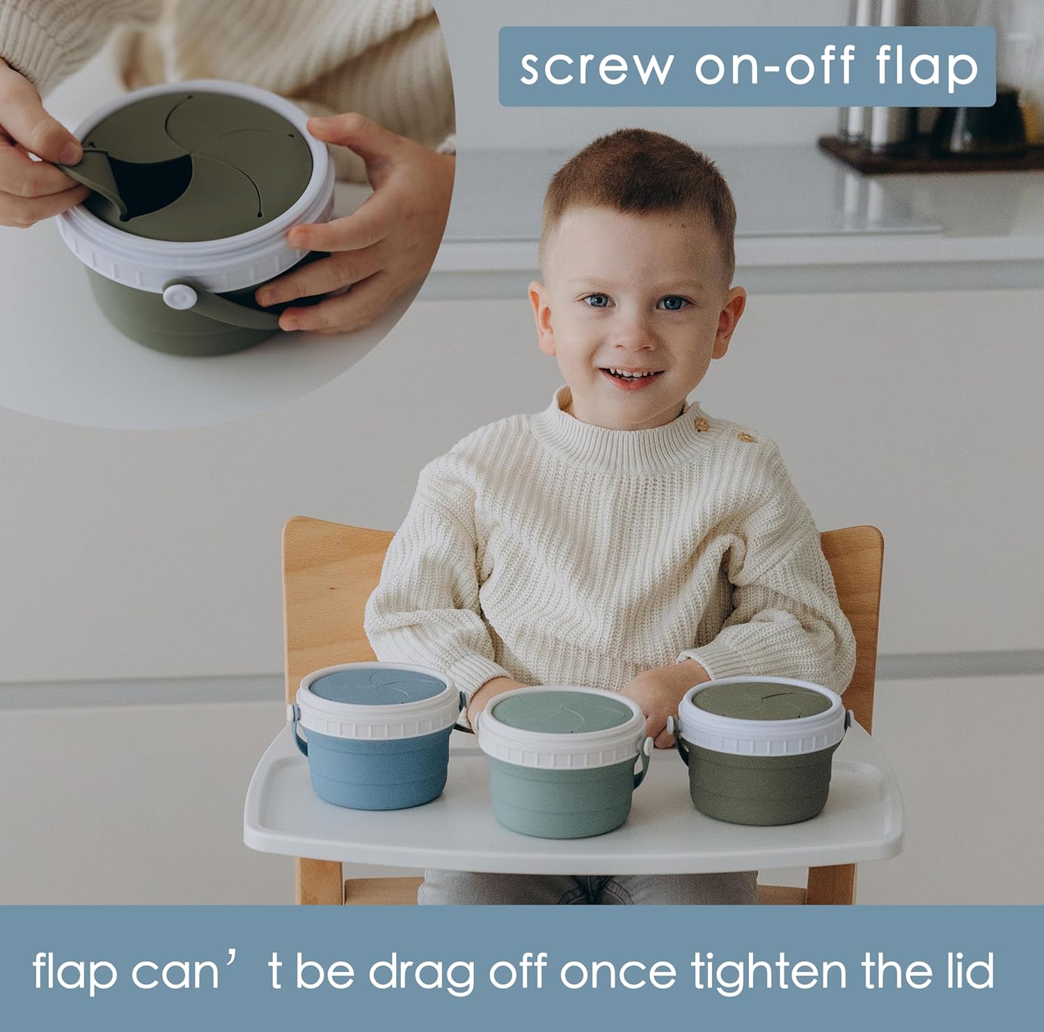 No Spill Silicone Toddler Snack Containers, Detachable Silicone Flap for Filling&Cleaning