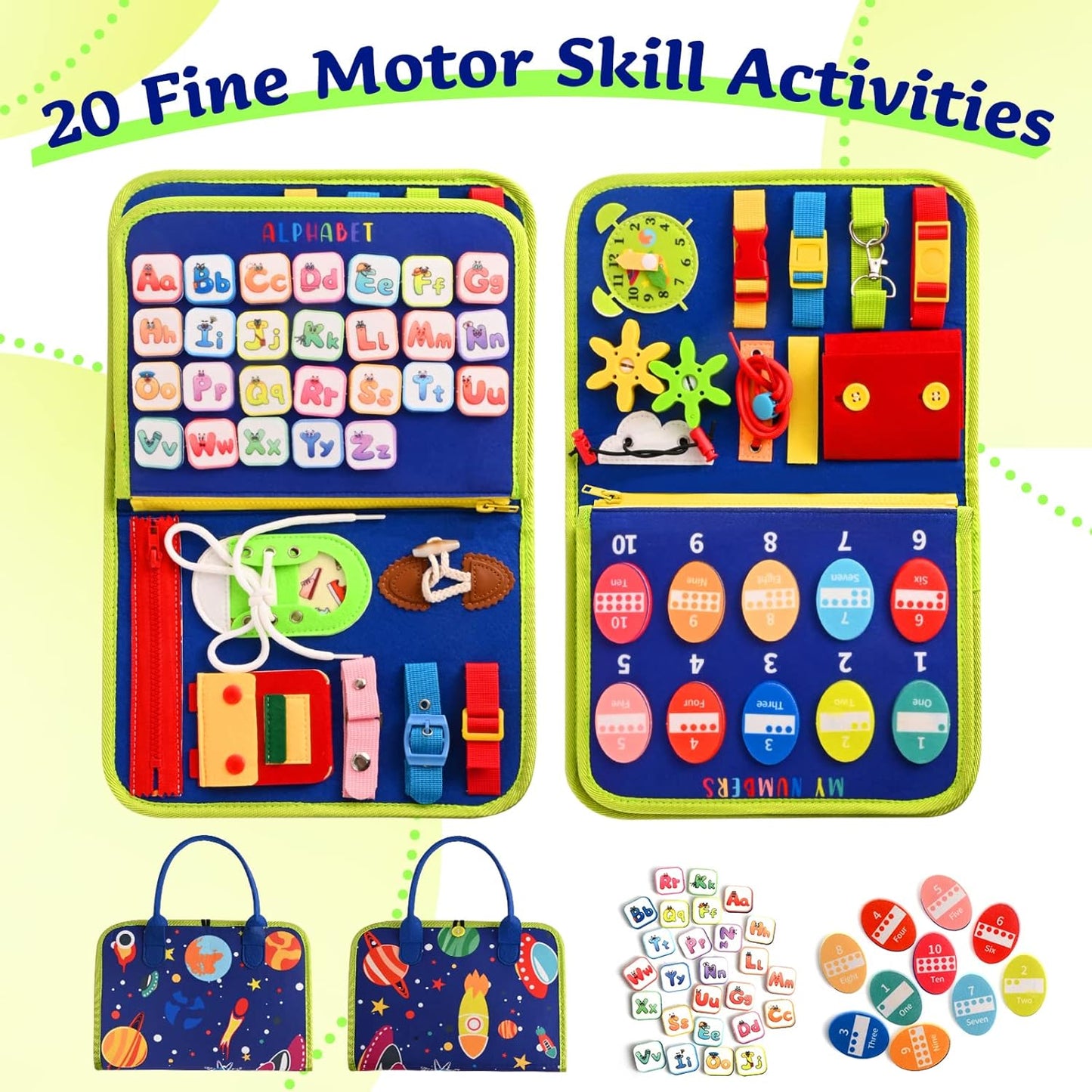 TenFans Montessori Busy Board | 1-4 Year Old Toddler Learning Toy | Fine Motor Skills Development | Montessori Sensory Playset | Early Childhood Education Tool | Portable Travel Preschool Activity Kit