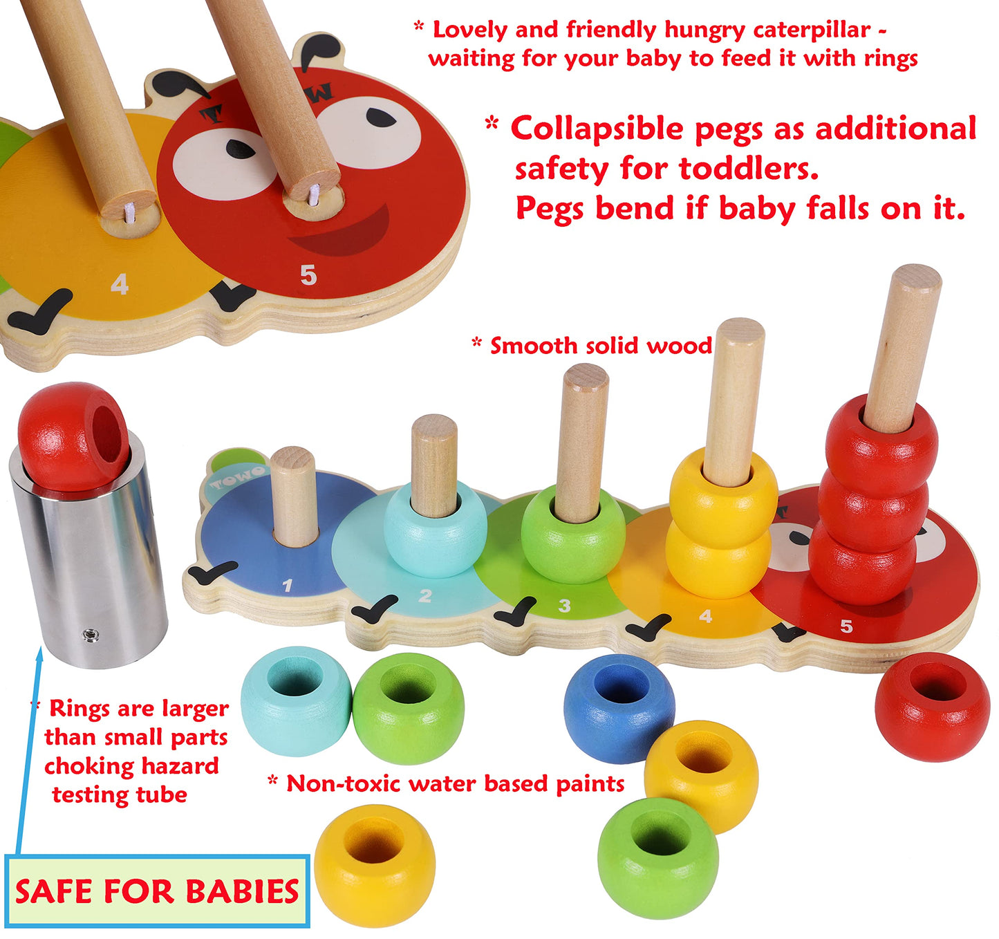 TOWO Wooden Stacking Rings Toy, Caterpillar Counting Ring Stacker