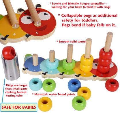 TOWO Wooden Stacking Rings Toy, Caterpillar Counting Ring Stacker