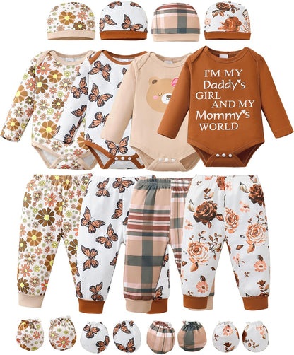 NZRVAWS Newborn Baby Boy Girl Clothes Unisex Infant Romper Pants Set Hat 4-Pack Outfits 0-12 Months 16 Pieces Toddler