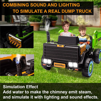 24V Ride On Dump Truck, 24inch-2 Seater Ride On Car for Kids w/Remote Control 4WD/2WD Up to 5 Mph, 24v Ride on Toys for Big Kids w/Electric Dump Bed Extra Shovel Traffic Cones (Green)
