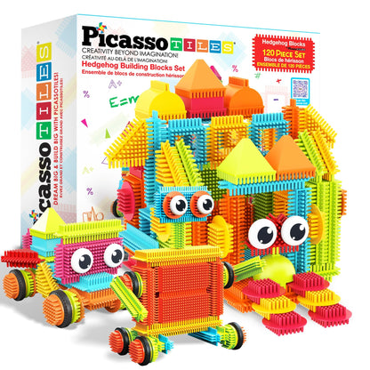 PicassoTiles 120pcs Hedgehog Interlocking Building Blocks Tiles Construction Toy Set Learning