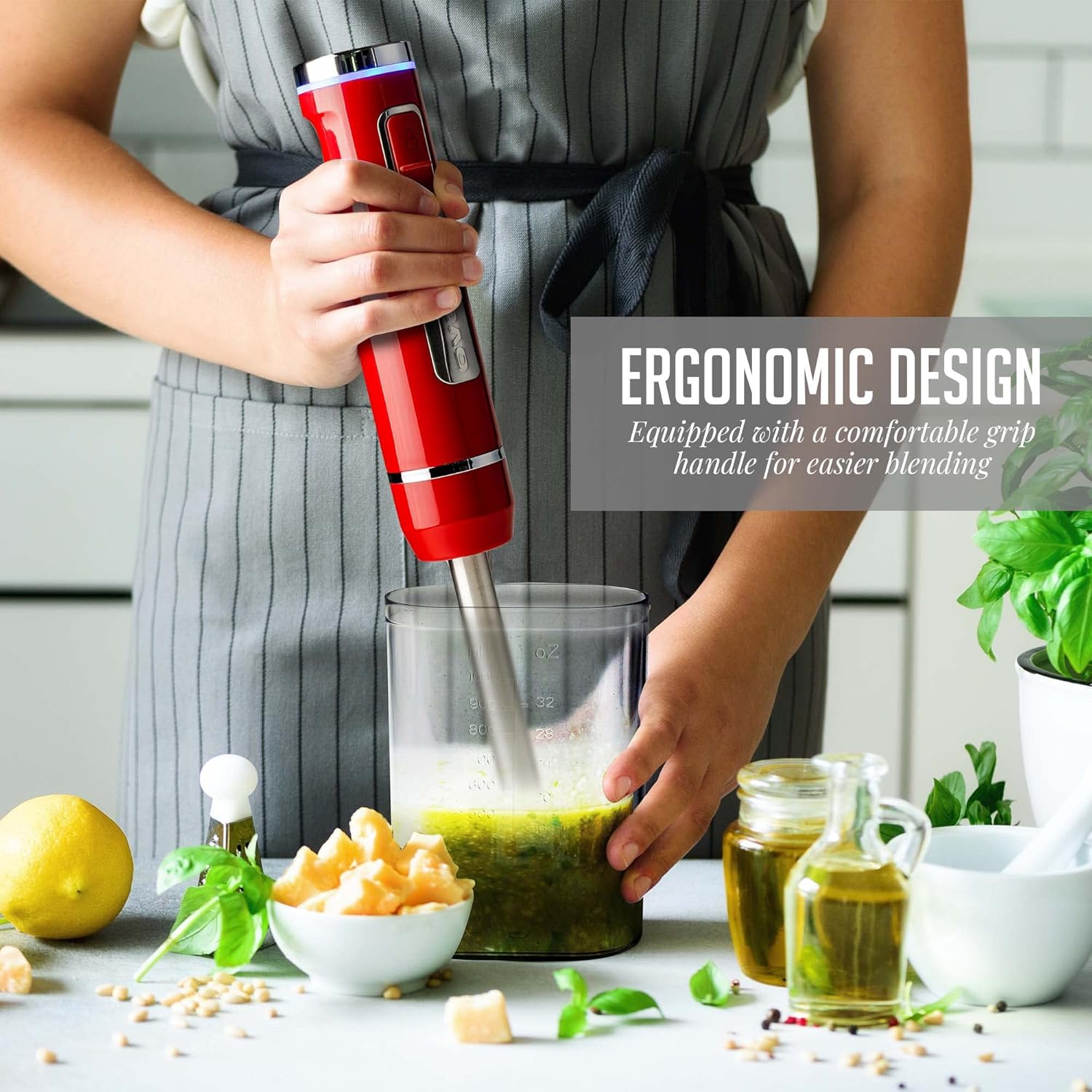 OVENTE Cordless Immersion Hand Blender, Rechargeable Handheld Portable Stick Mixer with 8 Mixing