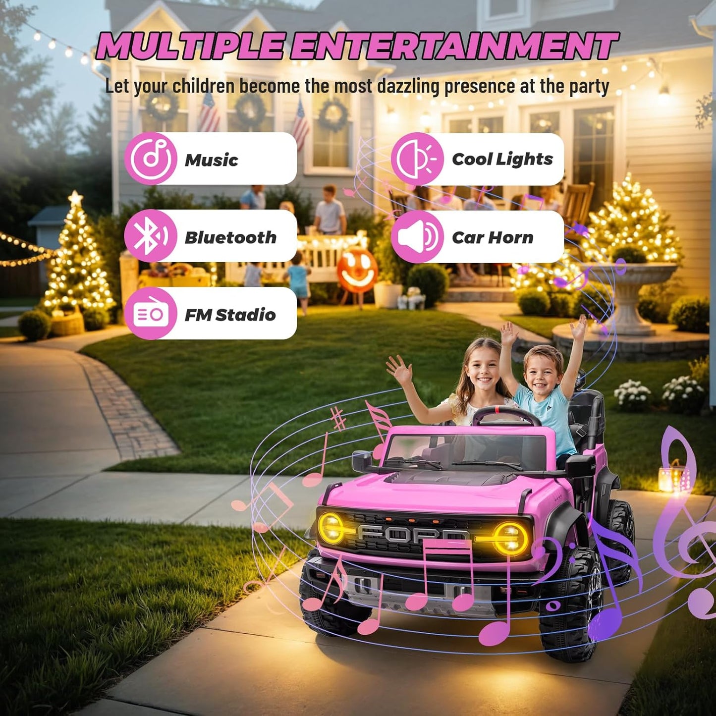 ENYOPRO 24V Ride On Toys for Big Kids, Licensed Ford Bronco Raptor 2 Seater Kids Electric Vehicle, Battery Powered Ride On Car Jeeps w/Remote Control, Bluetooth, 3 Speed, LED Lights for Ages 3+, Pink