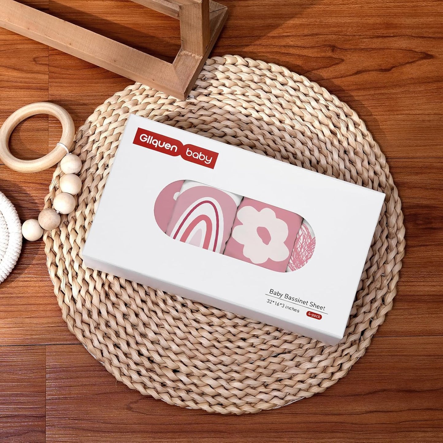 Gllquen Baby Bassinet Sheets 4 Pack, Breathable Cozy Fitted Mattress Sheet, Elastic Travel Crib Fashionable Floral Pattern, Standard Cradle Safe Sheets for Baby Boys Girls 32"x16"(Love)