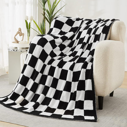 WRENSONGE Checkered Throw Blanket, Black and White Soft Cozy Fluffy Warm Hand Made Throw Blankets
