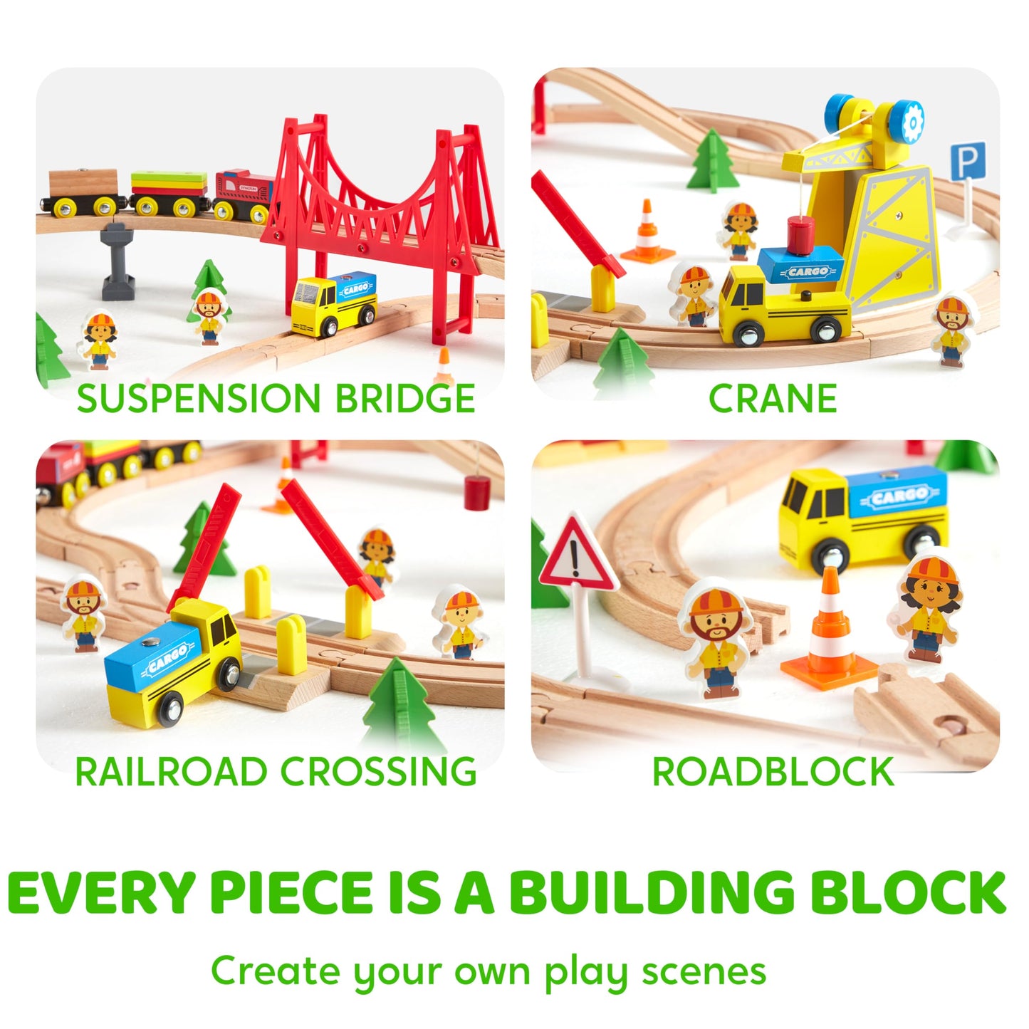 60PCS Wooden Train Set - Toy Magnetic Trains with Wooden Track Set for Kids Ages 3-8, Construction
