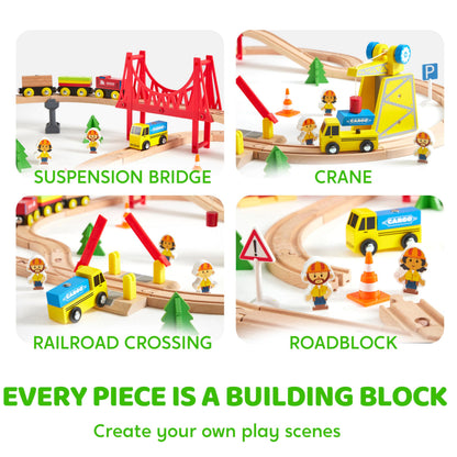 60PCS Wooden Train Set - Toy Magnetic Trains with Wooden Track Set for Kids Ages 3-8, Construction