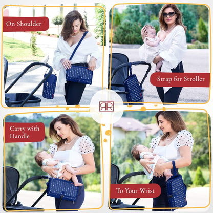 Portable Diaper Changing Pad Waterproof – B0NUS Insulated Baby Bottle Bag, 2-in-1 Diaper Clutch and Changing Mat, Wipe Clean Portable Changing Pad with Built-in Head Cushion (Dark Blue)
