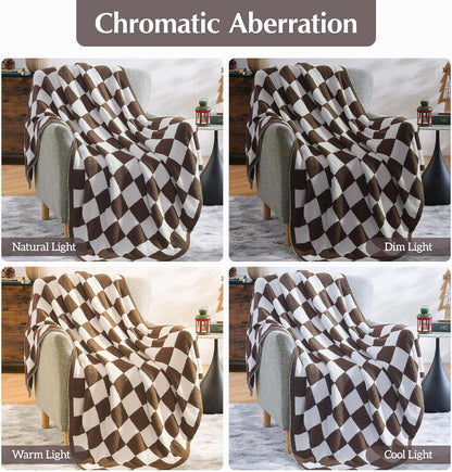 WRENSONGE Checkered Throw Blanket, Coffee Soft Cozy Fluffy Warm Hand Made Throw Blankets for Couch