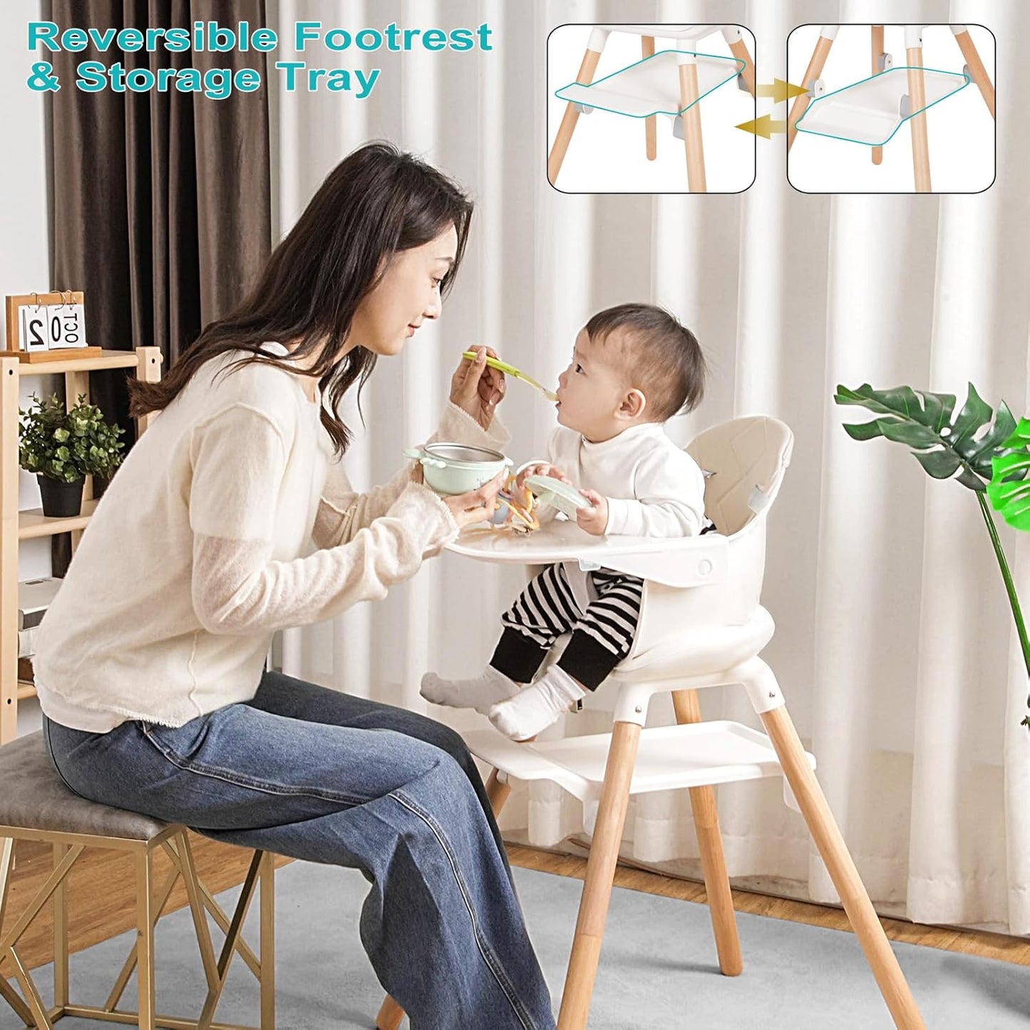Baby High Chair, 6 in 1 Wooden Convertible High Chairs for Babies and Toddlers, Booster Seat with
