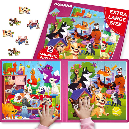 QUOKKA Magnetic Puzzles for Toddlers 3-4 - 2x48 Travel Puzzle Games for Kids Ages 3-5 Years Old - Car Activities Toy for Boys and Girls 4-6 yo - Cats & Dogs Learning Magnet for Road Trip