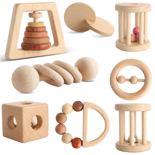 Wooden Baby Toy 8pcs, Montessori Toys for Babies 1-3 Years Old, Wooden Rattles Toy Set for Infant