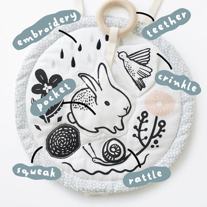 Wee Gallery Meadow Activity Pad Organic Baby Play Mat with Sensory Toys, High Contrast Newborn Essentials Soft Tummy Time Mat for Babies 0-12 Months, Visual and Motor Skill Development Toy