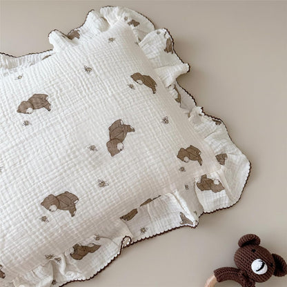 BuLuTu Cartoon Bear Muslin Pillowcase for Boys Girls Cute Animal Print Toddler Pillow Cases Soft Breathable Cotton Crib Cradle Pillow Cover for Kids Nursery Bedding,1 Piece, 14"x20"