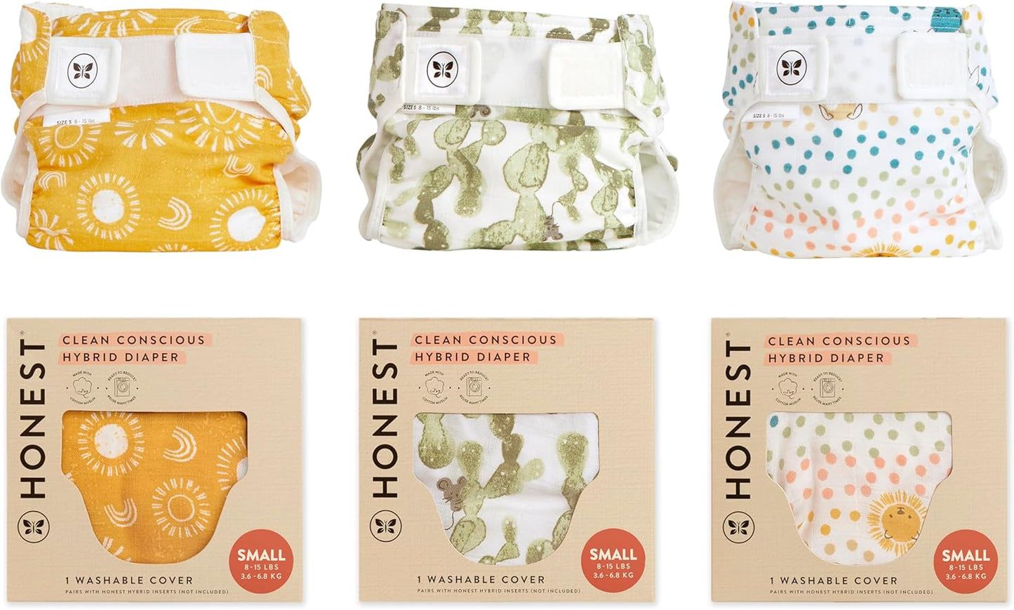 Super Boosties 96ct + Honest Hybrid Cloth Diaper Cover with Pocket-Sling, Small (8-15 lbs), Stops Nighttime Leaks, Boosties Disposable Diaper Inserts, Honest Cotton Muslin Covers, 3 Pack