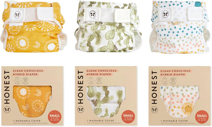 Super Boosties 96ct + Honest Hybrid Cloth Diaper Cover with Pocket-Sling, Small (8-15 lbs), Stops Nighttime Leaks, Boosties Disposable Diaper Inserts, Honest Cotton Muslin Covers, 3 Pack