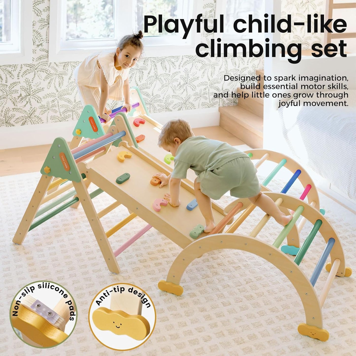 Tiny Land Pikler Triangle Set,7-in-1 Foldable Montessori Toddler Climbing Toys Indoor, Wooden Playground Jungle Gym for Kids, Climber Gift for Boys & Girls Toddler Climbing Toys (Morandi)