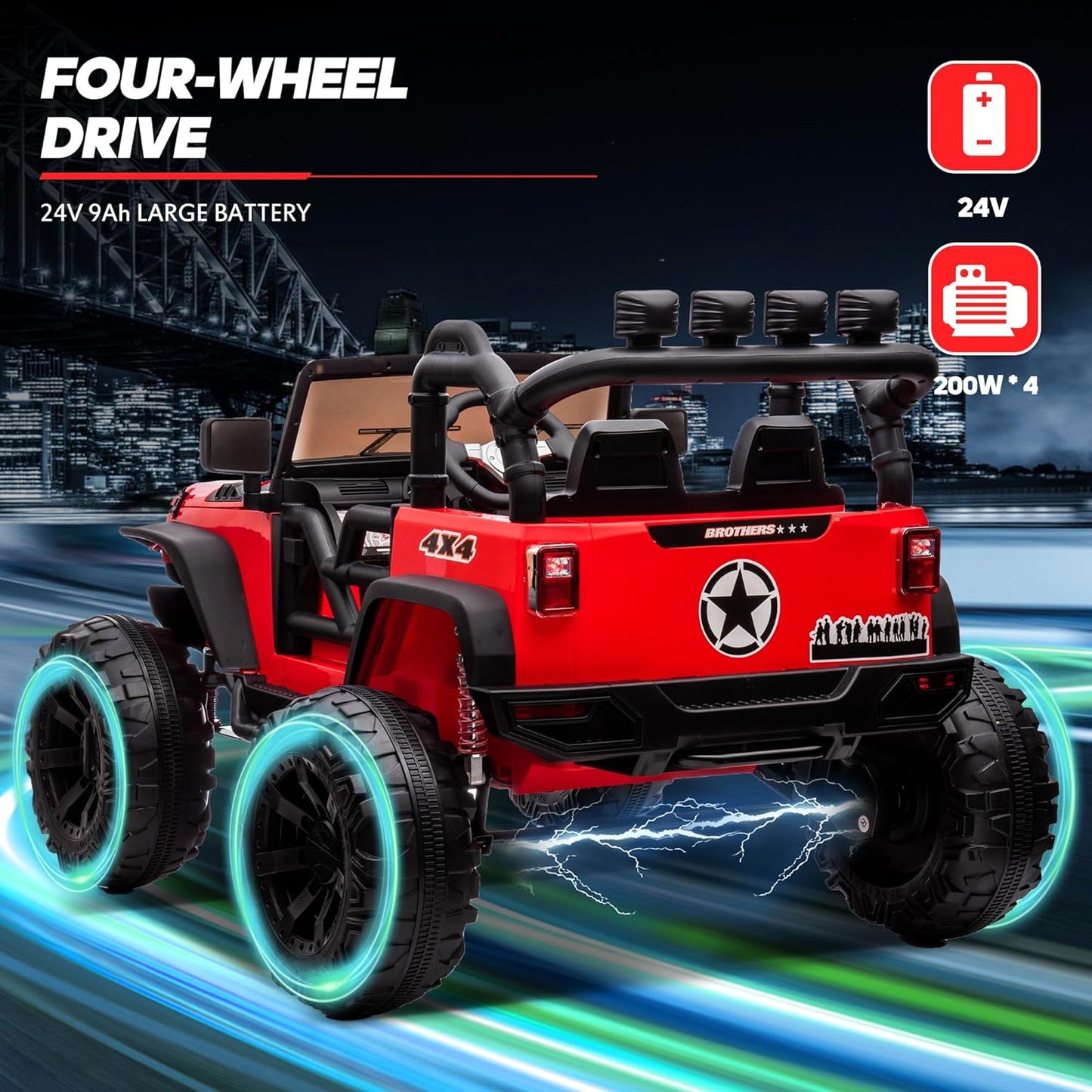 24V 9Ah Ride on Toy for Big Kids, 4WD 2 Seater Ride on Car Truck with Remote Control, 4x200W Motor - Red