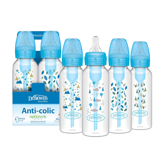 Dr. Brown's Natural Flow Anti-Colic Options+ Narrow Baby Bottle, Blue Nature, 8 oz/250 mL, with