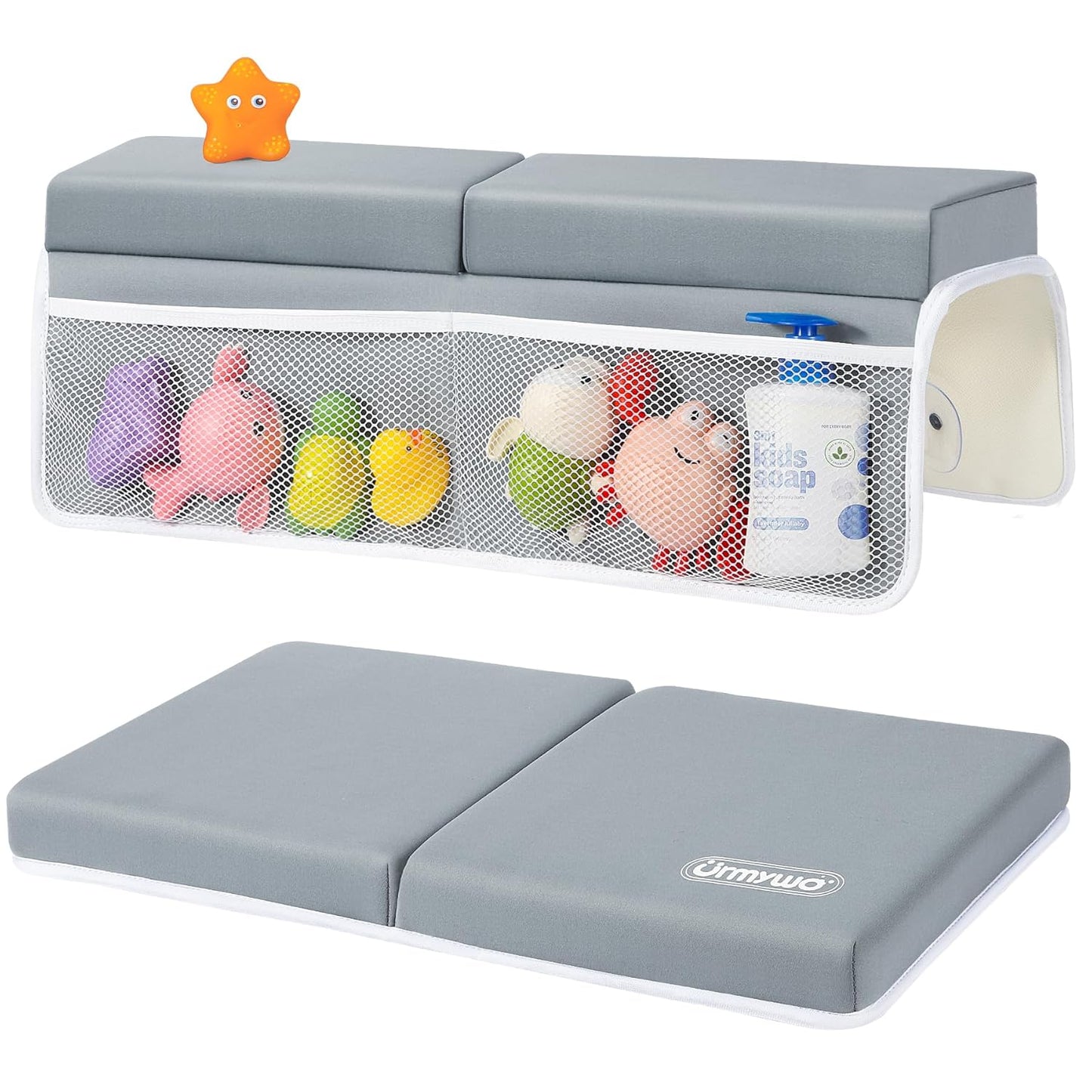 URMYWO Bath Kneeler and Elbow Rest Pad Set - 1.5" Thick Baby Bath Kneeler Pads with Toys Organizer
