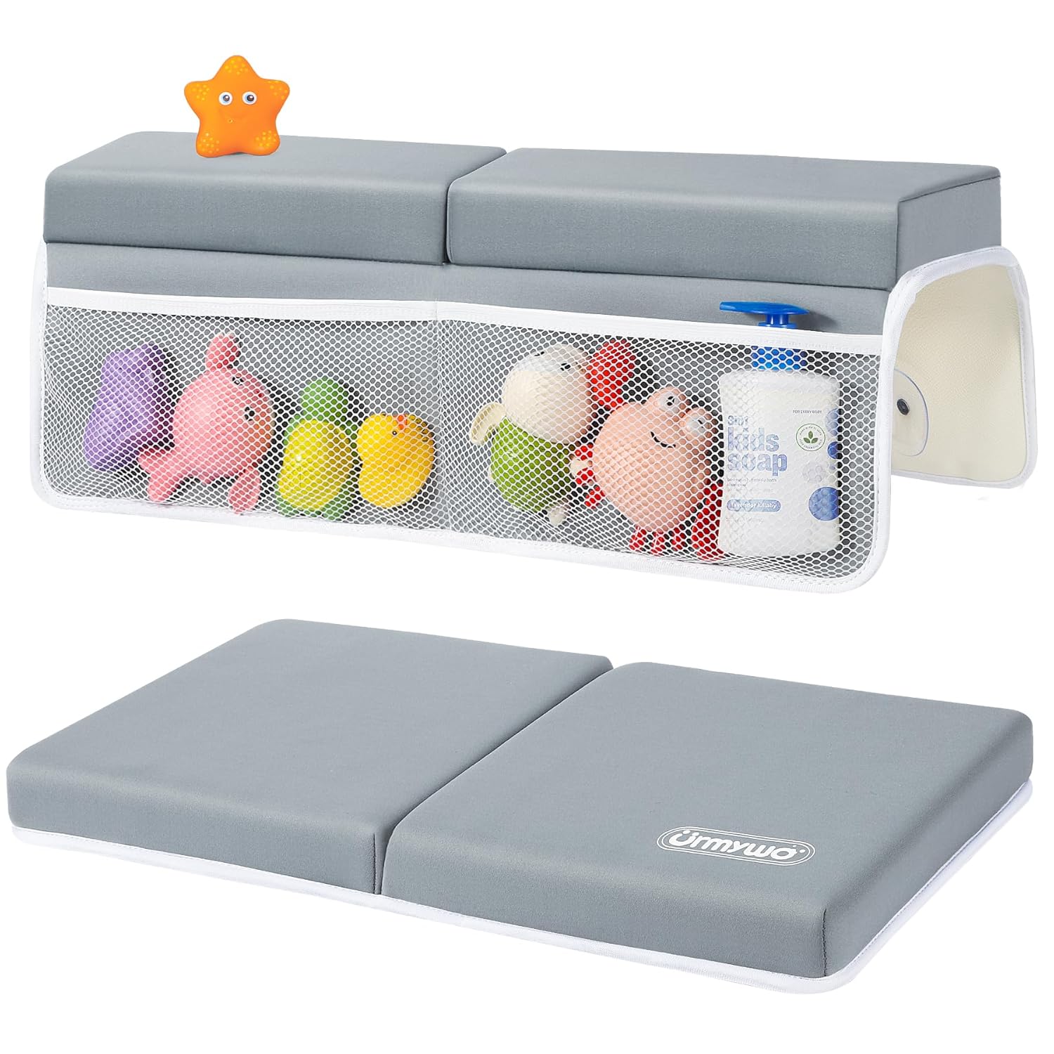 URMYWO Bath Kneeler and Elbow Rest Pad Set - 1.5" Thick Baby Bath Kneeler Pads with Toys Organizer