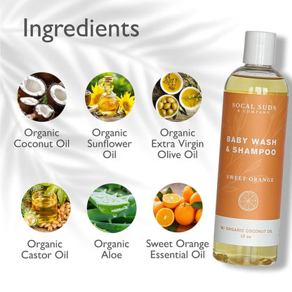 SoCal Suds & Company Baby Shampoo & Body Wash, 2-in-1 Organic Gel - Gentle Castile Soap with
