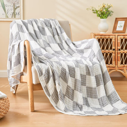 EMME Checkered Cotton Queen Size Bed Blanket, 80"x90", Lightweight Breathable Cooling All Season