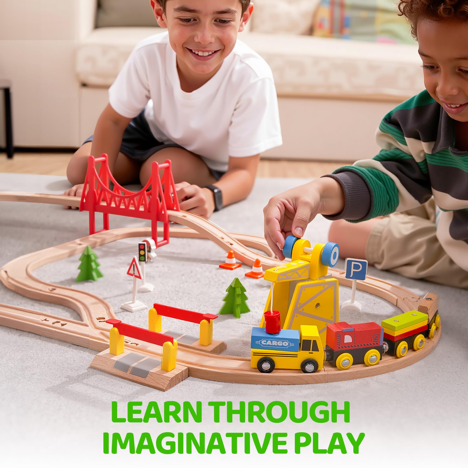 60PCS Wooden Train Set - Toy Magnetic Trains with Wooden Track Set for Kids Ages 3-8, Construction
