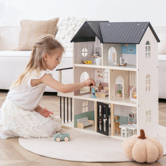 Wooden Dollhouse for Kids, 6-Room Modern-Style Toy Doll House Playset
