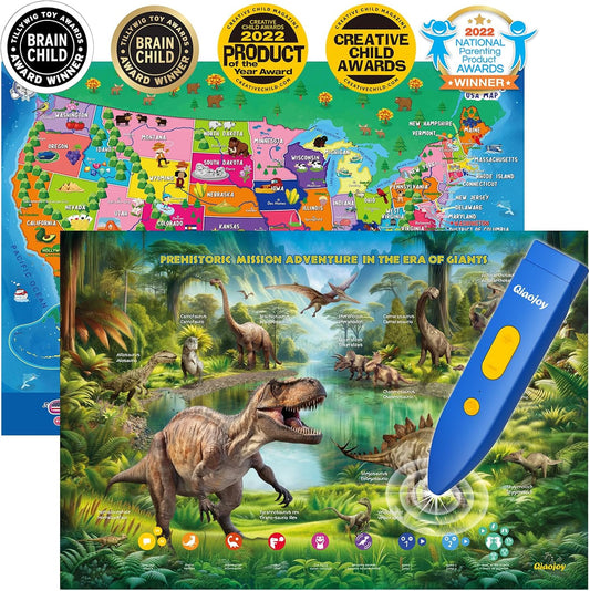 Bilingual Interactive for Kids Talking USA Map Dinosaur Poster for Kids Learning and Educational Toys,Talking Educational Dinosaur Toy for Ages 3 to 12 Years Old,Learning Chart for Preschool/Gift