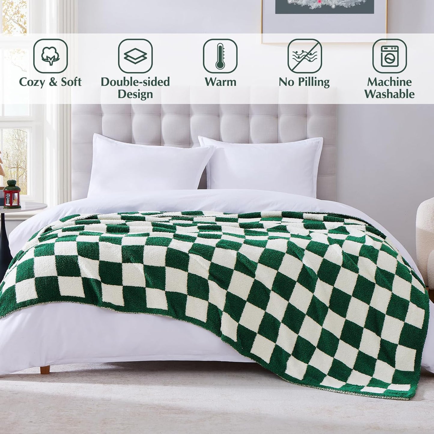 WRENSONGE Checkered Throw Blanket, Avocado Green Soft Cozy Fluffy Warm Hand Made Throw Blankets for