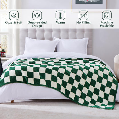 WRENSONGE Checkered Throw Blanket, Avocado Green Soft Cozy Fluffy Warm Hand Made Throw Blankets for