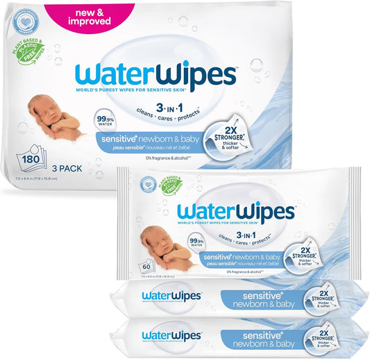 WaterWipes Sensitive+ Newborn & Baby Wipes, 3-In-1 Cleans, Cares, Protects, 99.9% Water, Unscented