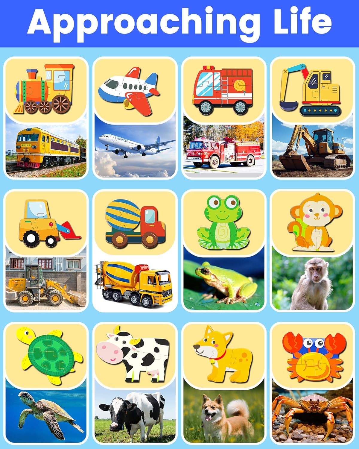 Benresive Wooden Toddler Puzzles, Montessori Toys for 1 2 3 Year Old Boys, Toys for 1 2 3 Year Old Boy Birthday Gifts, 12 Pack Vehicle Toddler Learning Educational Puzzles