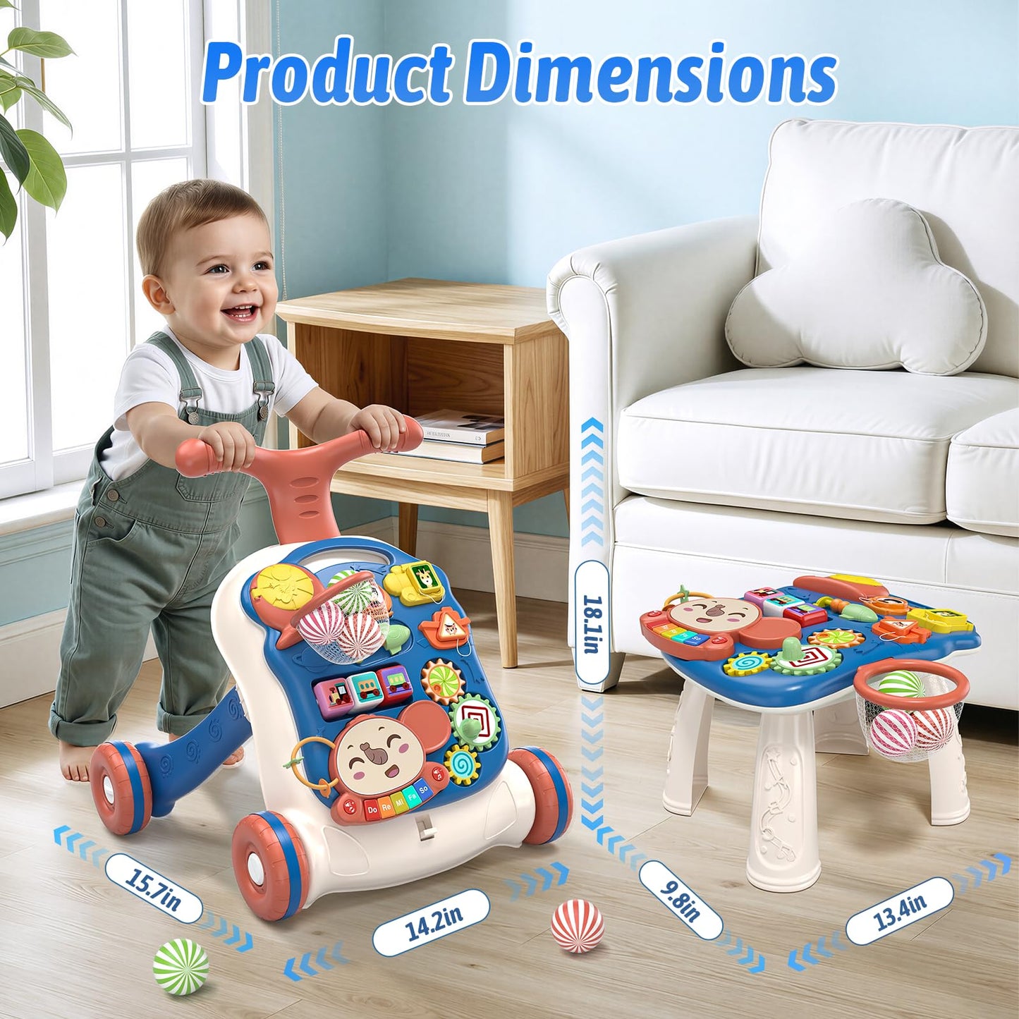 QDRAGON 3 in 1 Baby Walker and Activity Center for Boy 12-18 Months, Blue