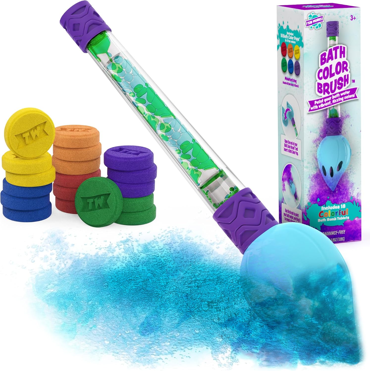 Tub Works® Bath Color Brush™ Kids Bath Bomb Set | Nontoxic & Fragrance-Free | Use Brush to Paint