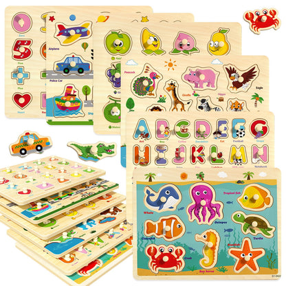 edutree Wooden Peg Puzzles for Toddlers 2-4, 6 Pack Educational Peg Puzzles Montessori Toys