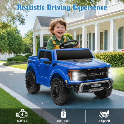 12V Ride on Car Licensed Ford F-150 Raptor, Kids Electric Car with Remote Control, LED Light/Music/MP3, Truck Bed Storage, 3-Point Seat Belt (12V, Blue)