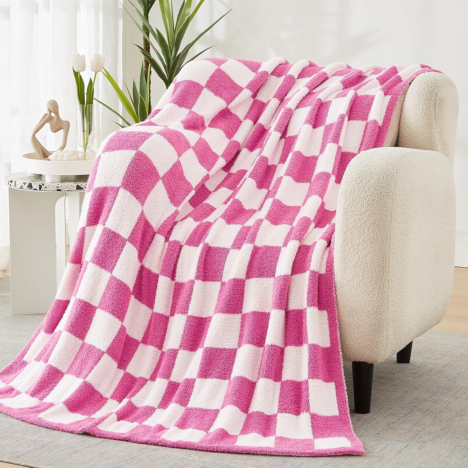WRENSONGE Checkered Throw Blanket, Hot Pink Soft Cozy Fluffy Warm Hand Made Throw Blankets for