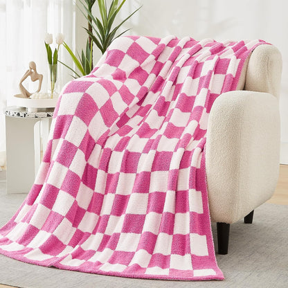 WRENSONGE Checkered Throw Blanket, Hot Pink Soft Cozy Fluffy Warm Hand Made Throw Blankets for
