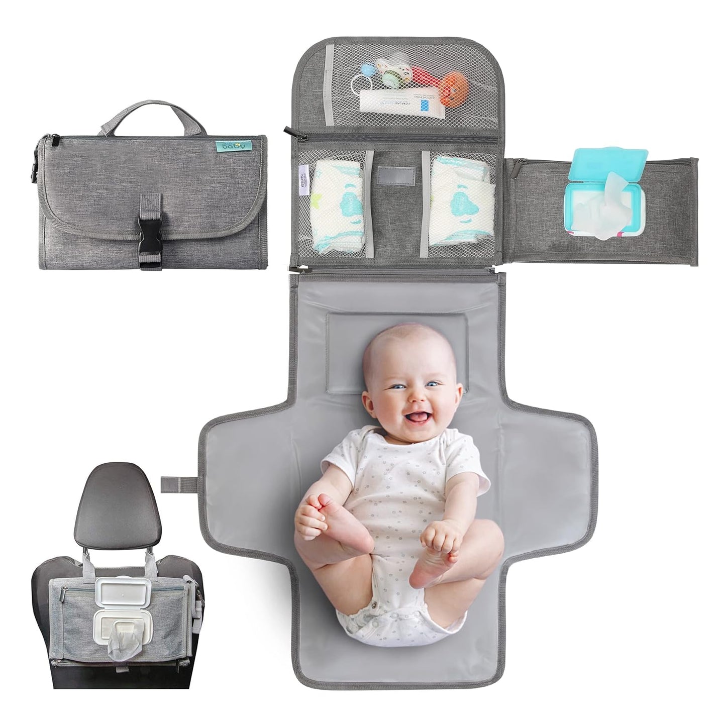Kopi Baby Portable Diaper Changing Pad - Baby Diaper Changer Travel Bag with Wipes Pocket, Smart Design Portable Changing Mat, Infant Travel Station Kit, Gift for Newborn Girl & Boy - Grey, Premium