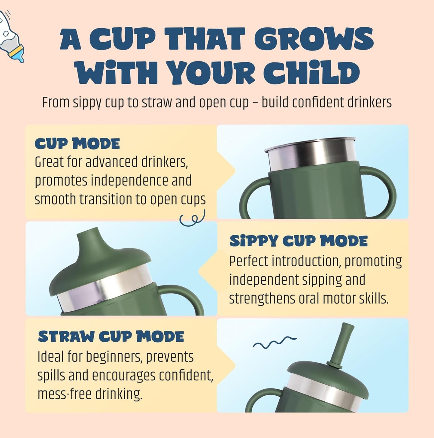 Jumble Dream Baby Sippy Cup, 100% Silicon Training Stainless Steel Kids Cups with Silicon Straw, Toddler Tumbler with Straw Spill Proof |6 Month Plus Toddler Sippy Cup| BPA Free (Blue Moon)