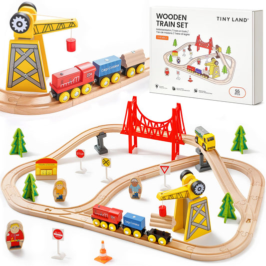 Tiny Land 55PCS Wooden Train Set, Durable Wooden Railway Tracks