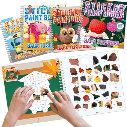 4Pcs Back to School Paint by Sticker Books Sticker by Number Books Activity Book Puzzle Book Craft Art Gift School Bus Apple Owl Alarm 32 Pictures